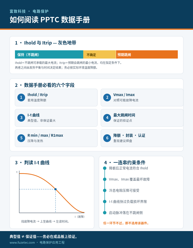 信息图:如何阅读 PPTC 数据手册——Ihold/Itrip 灰区、六大字段、I-t 曲线与选型约束链