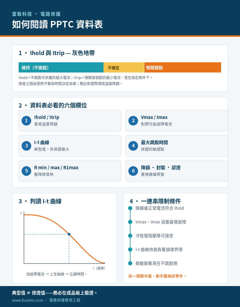 資訊圖表：如何閱讀 PPTC 資料表——Ihold/Itrip 灰區、六大欄位、I-t 曲線與選型限制鏈