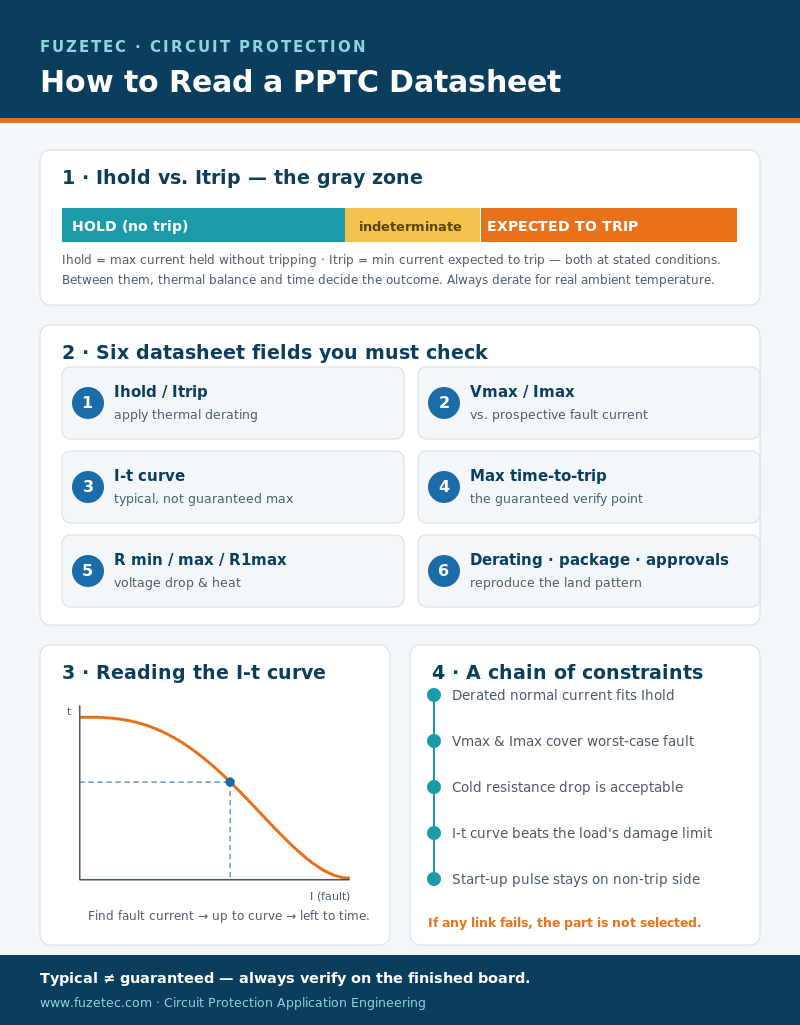 Infographic summarizing how to read a PPTC datasheet — the Ihold/Itrip gray zone, six key fields, the I-t curve, and the selection constraint chain