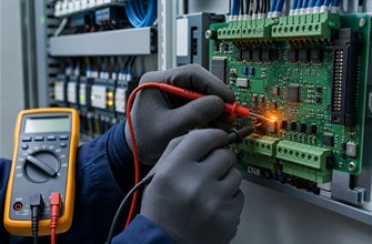 工程師在工業控制箱內量測控制板電流，檢查保險絲反覆跳脫原因