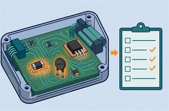ODM hardware engineer reviewing PPTC protection components on a PCB against datasheet limits, thermal derating, and production test conditions